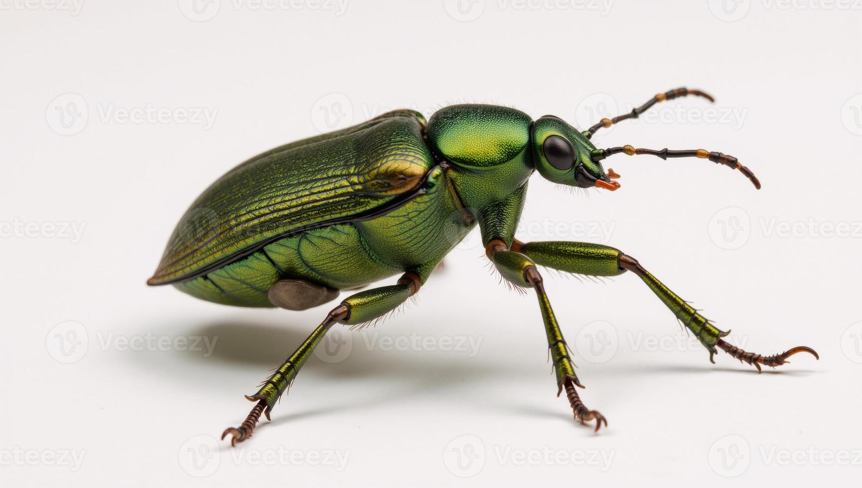 Closeup illustration depicts a green June beetle against a plain backdrop photo