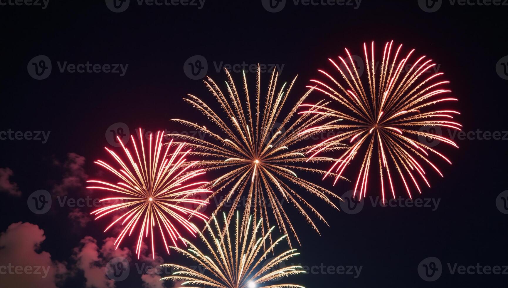 Night sky showcases a vibrant Fourth of July firework display over a bustling cityscape backdrop photo