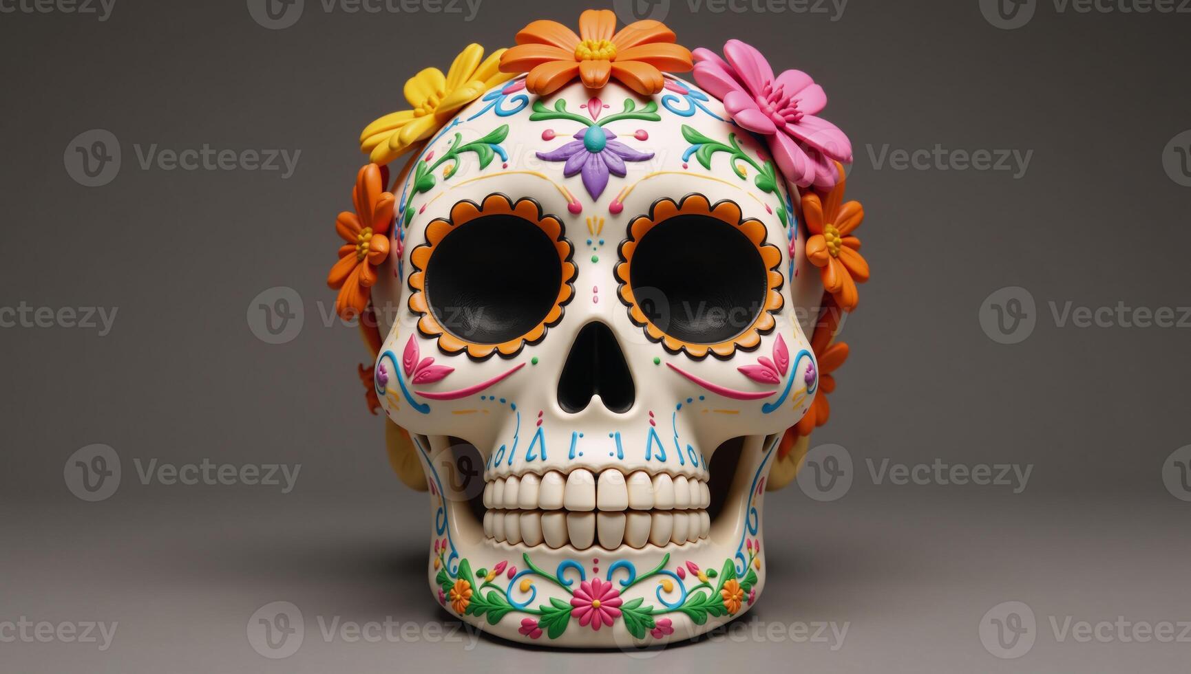 Traditional sugar skull decorated with flowers for Day of the Dead rendered as a detailed 3D illustration photo