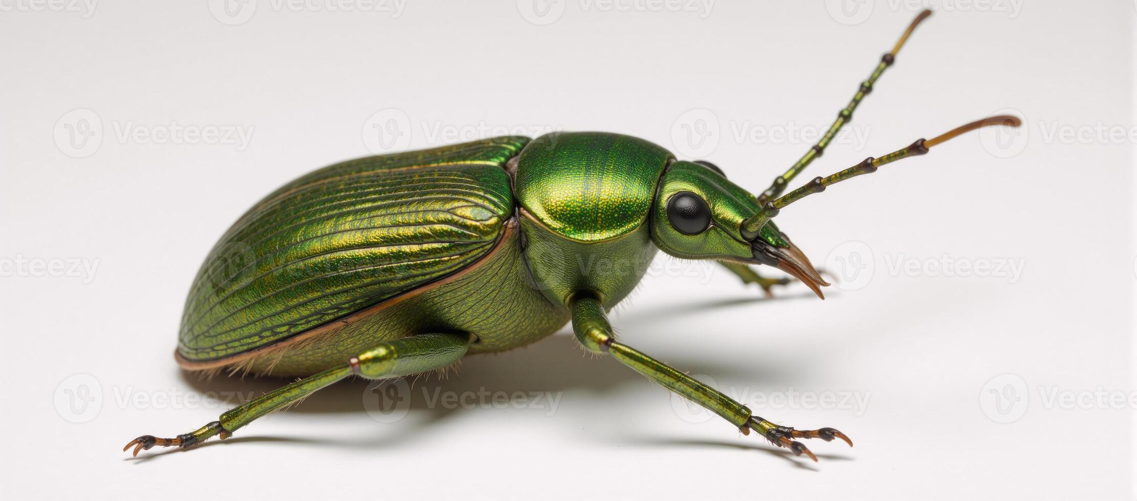 Closeup illustration depicts a green June beetle against a plain backdrop photo