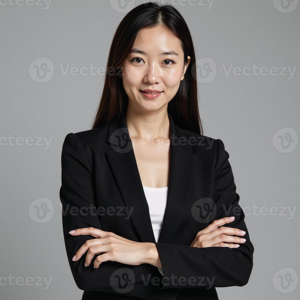 Portrait of an assertive Asian woman in a black blazer gazing straight into the camera photo