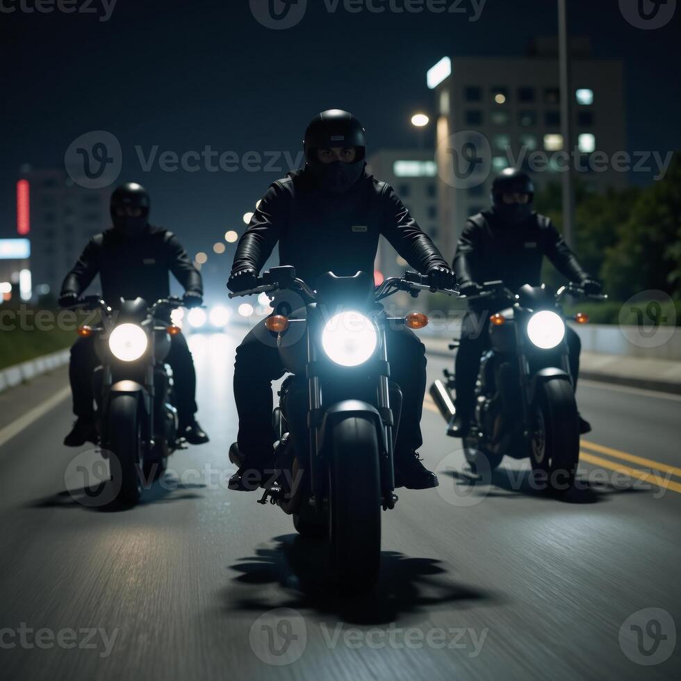 Three sinister riders on motorcycles under a foreboding night sky exuding an air of mystery and danger photo