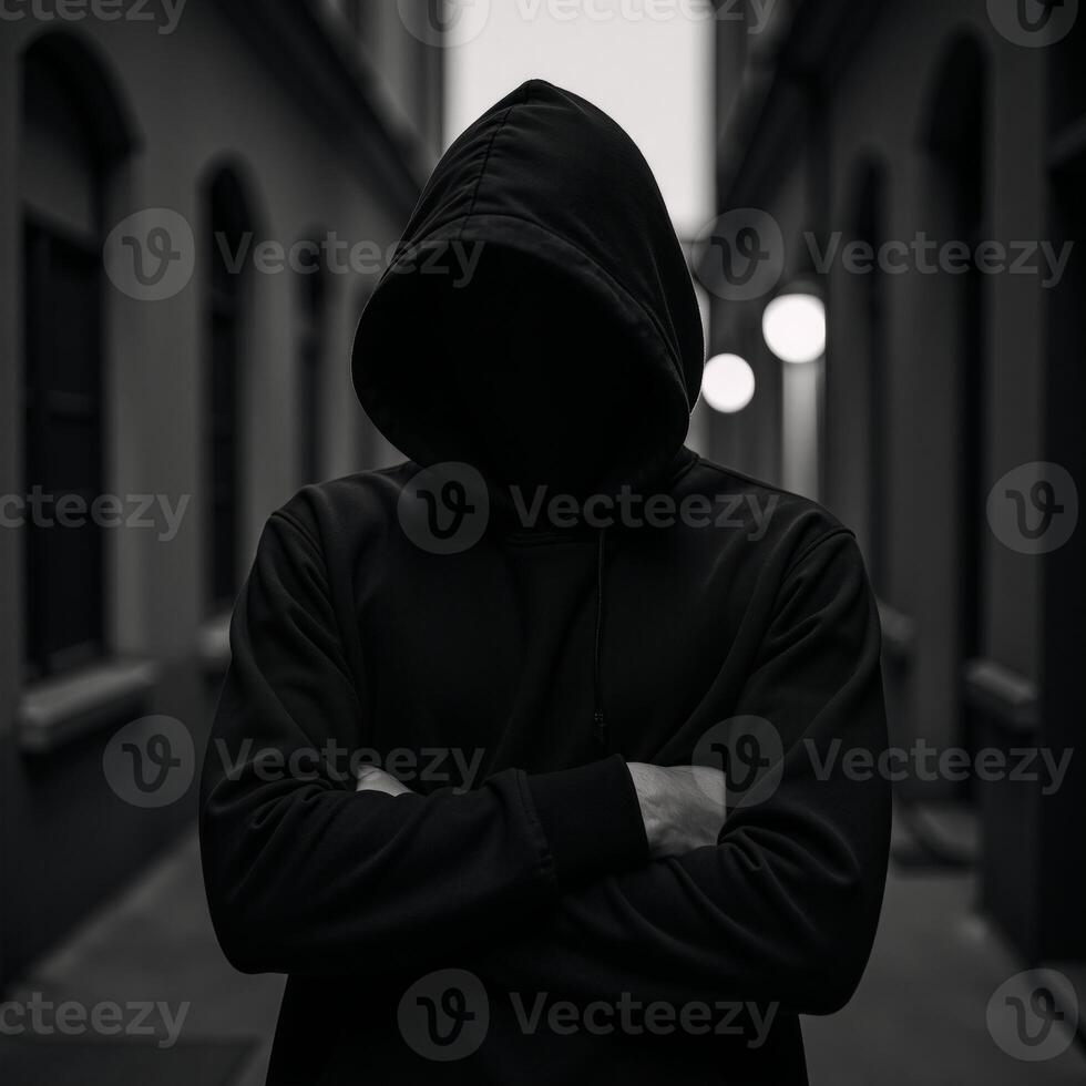 A Matrixinspired digital illustration showcases a hooded hackers silhouette with patterned detailing photo