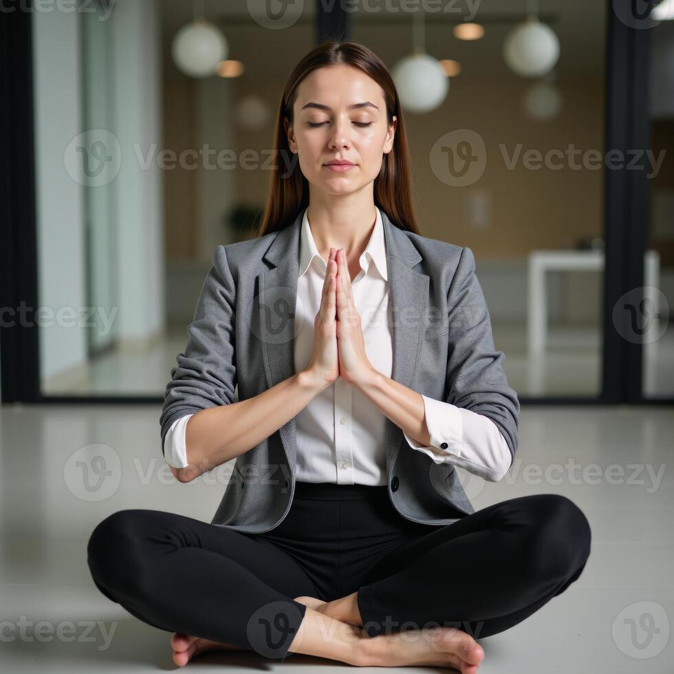 Portrait of an adult businesswoman meditating with closed eyes and Namaste pose in natural light against blurry orbs photo