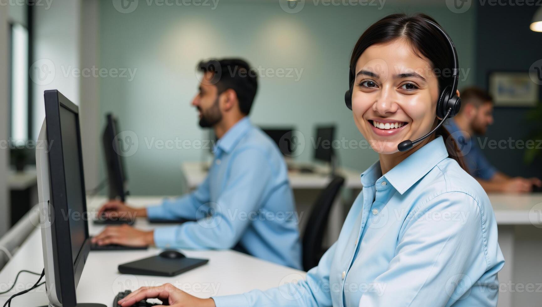 Closeup portrait of an Indian Customer Service Rep in office wearing a headset symbolizing support services photo