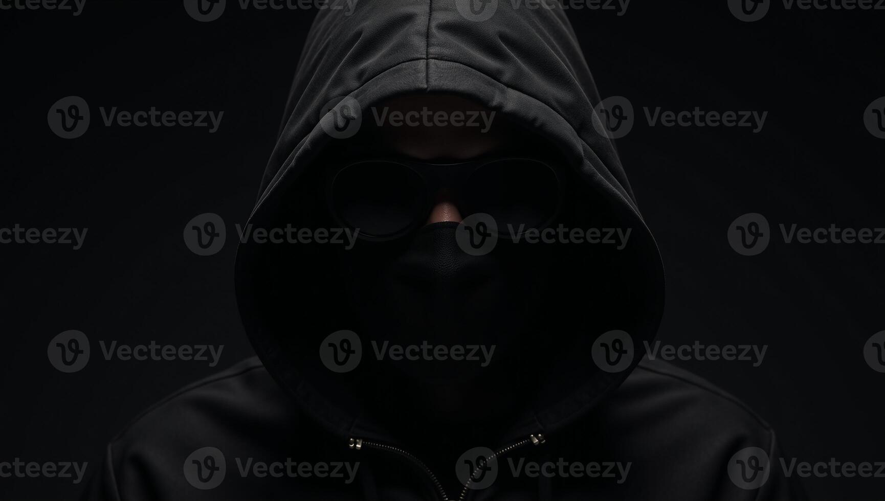 Dramatic portrait of a shadowyhooded bank robber on a dark backdrop photo