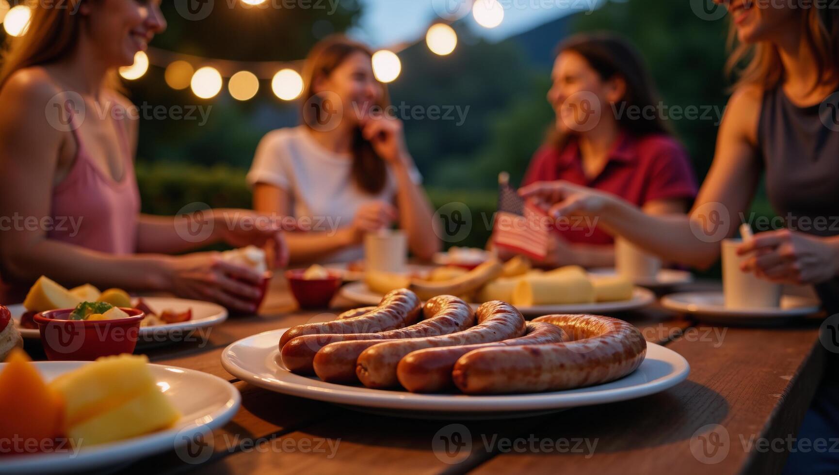 Vibrant Summer Barbecue Scene Grilling Sausages Festive Lights Flags Joyful Atmosphere Perfect for Friendly Gatherings photo