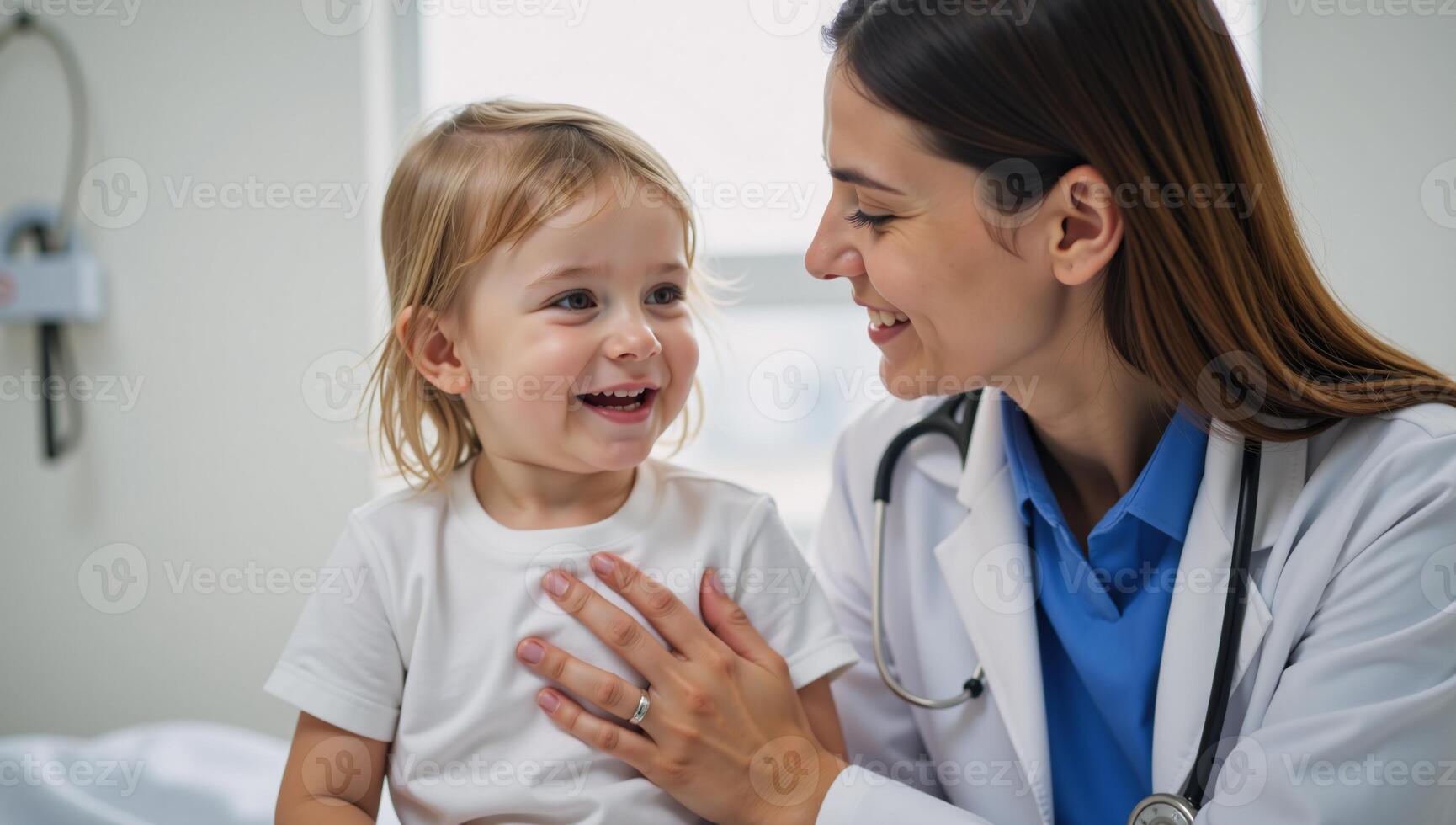 A compassionate pediatrician comforting a young patient during routine checkup photo