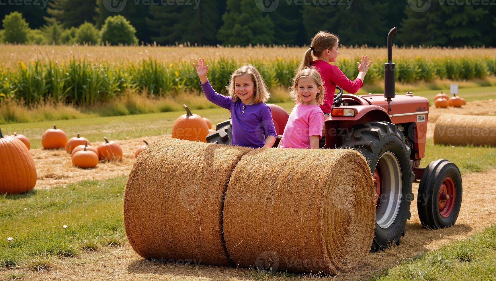 A whimsical scene showcasing children enjoying a joyful hayride among vibrant pumpkins photo