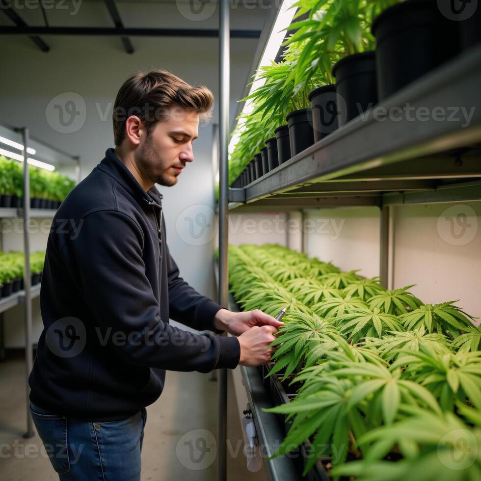 Illustration Young man caring for hemp seedlings within a lit greenhouse photo