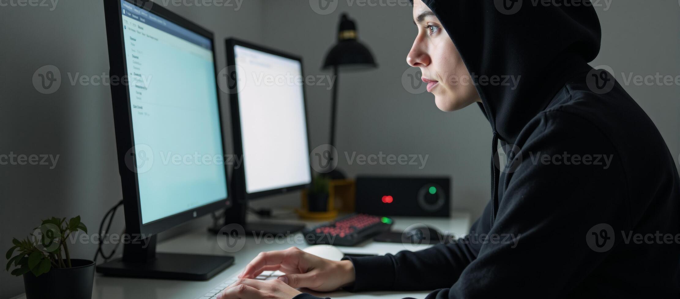 A digital illustration portraying a mysterious hacker at work surrounded by intricate details like glowing screens code snippets and cables photo