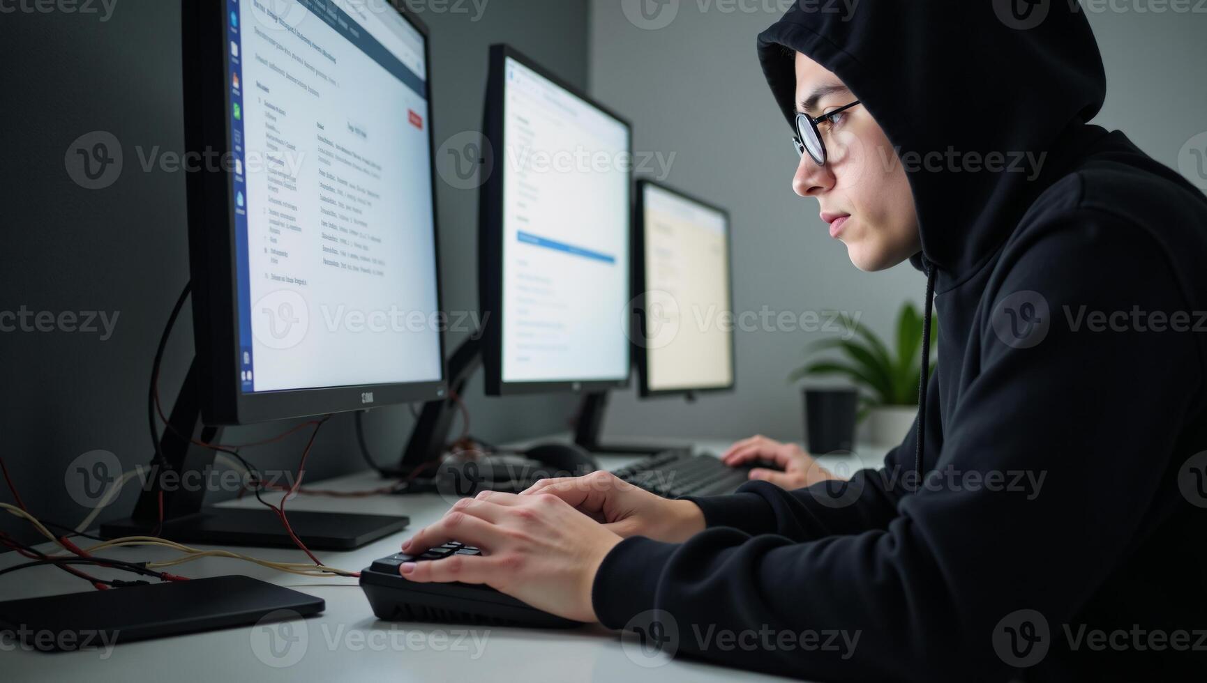A digital illustration portraying a mysterious hacker at work surrounded by intricate details like glowing screens code snippets and cables photo