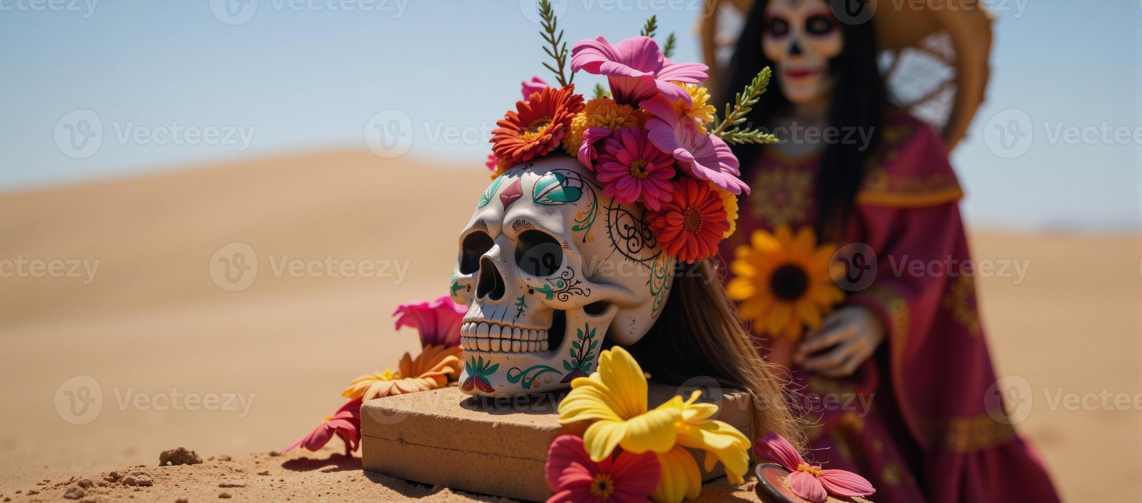 A vibrant Dia de Los Muertos or Cinco de Mayo celebration features La Llorona and La Santa Muerte along with a floweradorned Mexican skull at an altar within a sunny sandy desert setting photo