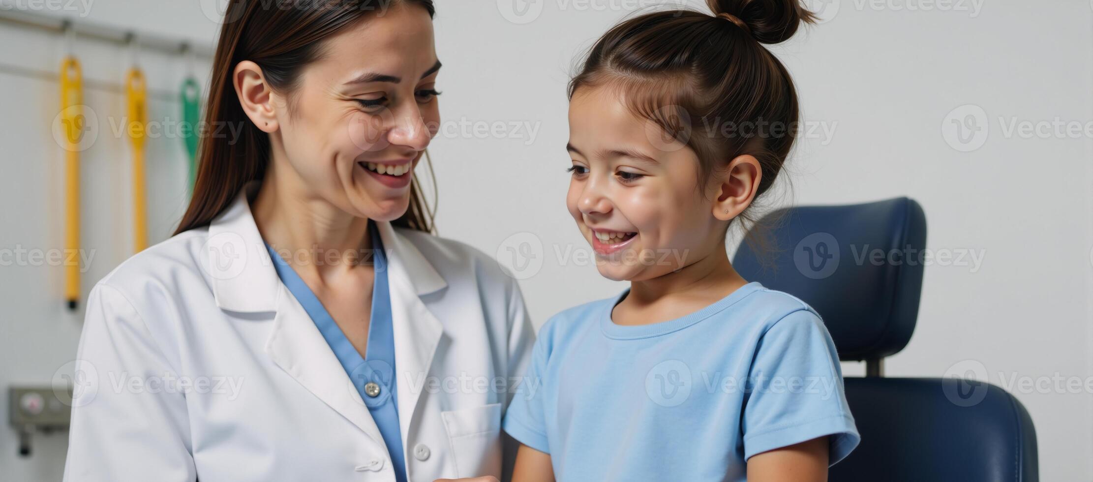 A compassionate pediatrician comforting a young patient during routine checkup photo