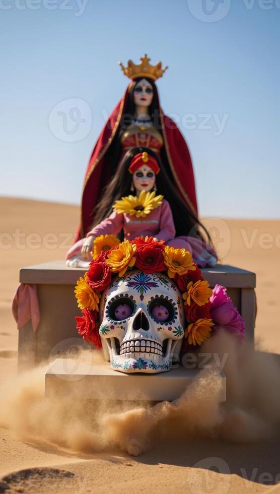 A vibrant Dia de Los Muertos or Cinco de Mayo celebration features La Llorona and La Santa Muerte along with a floweradorned Mexican skull at an altar within a sunny sandy desert setting photo