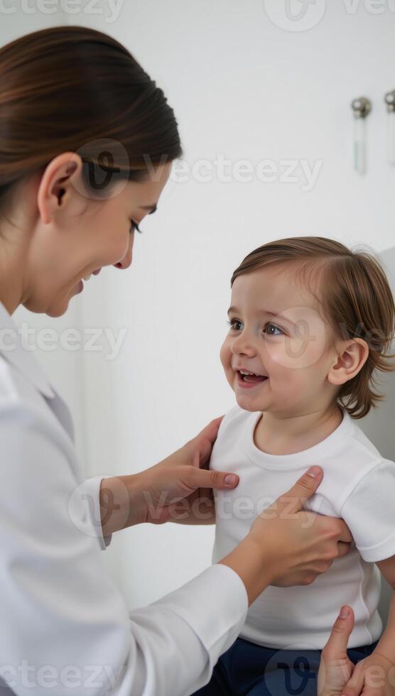 A compassionate pediatrician comforting a young patient during routine checkup photo