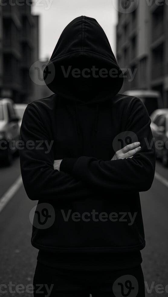 A Matrixinspired digital illustration showcases a hooded hackers silhouette with patterned detailing photo