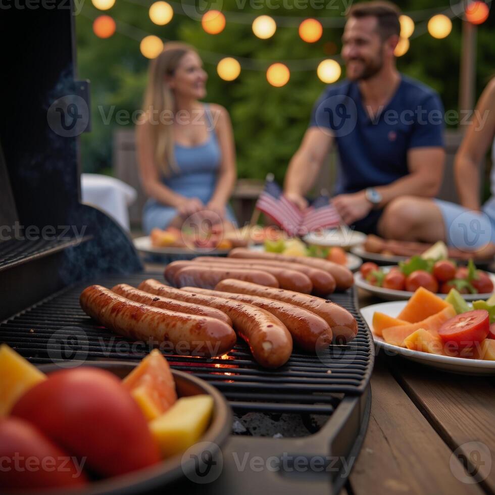 Vibrant Summer Barbecue Scene Grilling Sausages Festive Lights Flags Joyful Atmosphere Perfect for Friendly Gatherings photo