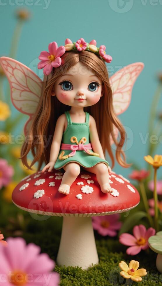 A whimsical fairy sits atop a red mushroom adorned with floral crown photo