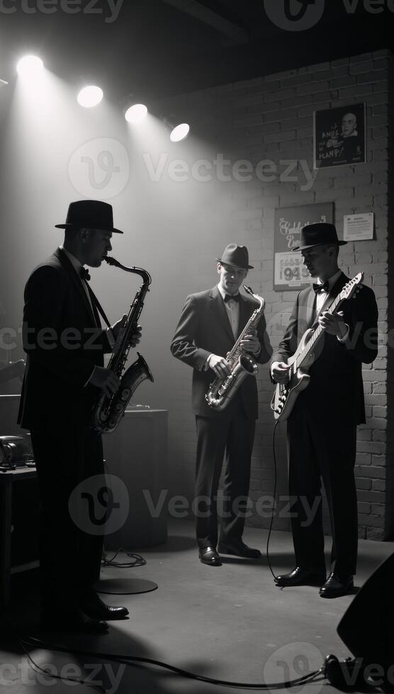 A blackandwhite image depicting a 1930sstyle jazz band performing in a smoky nightclub photo