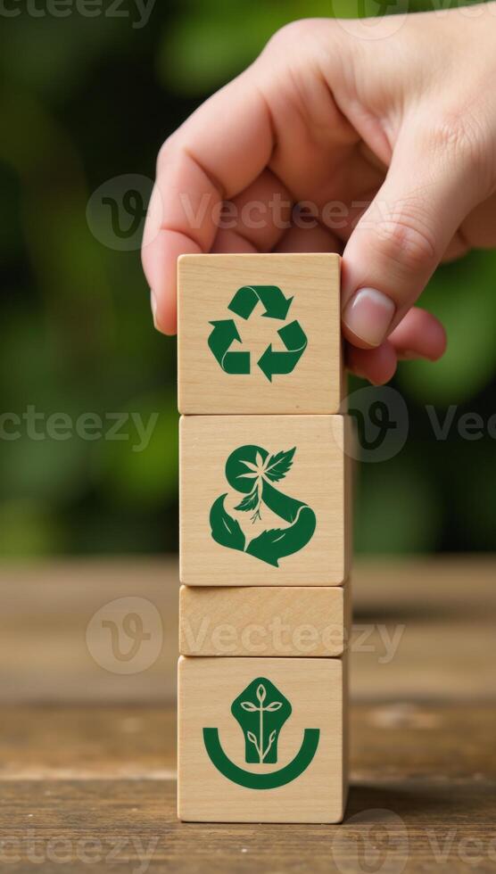 Handstacking wooden blocks with ecofriendly green symbols signifies commitment to sustainable living in surreal softgreen illustration photo