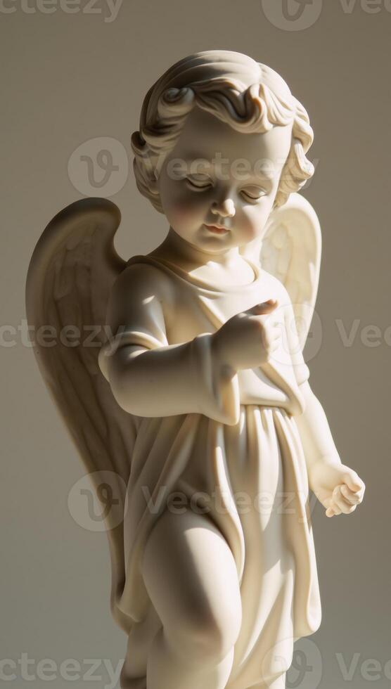 A babyangel statue is depicted in a photorealistic style with intricate details photo
