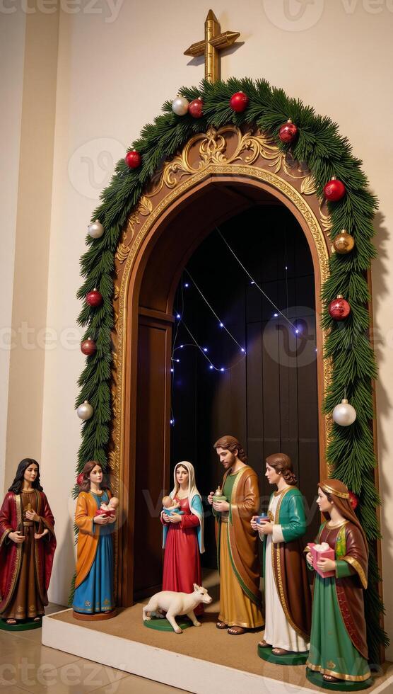 Christmas scene featuring nativity and wise men at Bethlehem portal photo