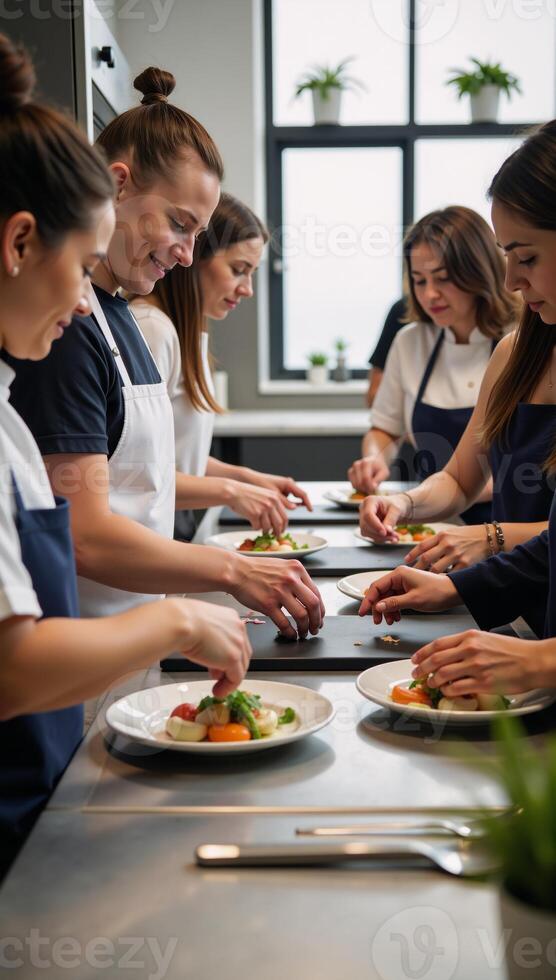 A diverse culinary team cooks up a feast at an elite cooking school photo