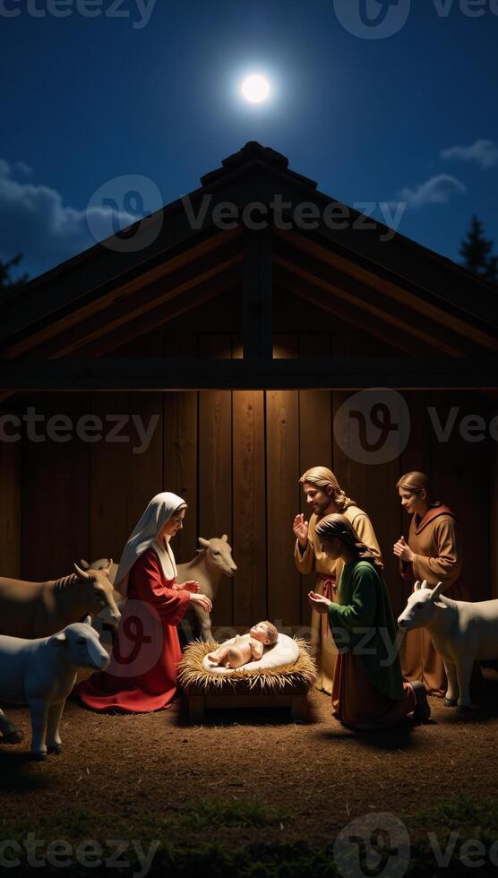 A tranquil nativity scene with baby Jesus animals and the traditional manger beneath twinkling stars photo