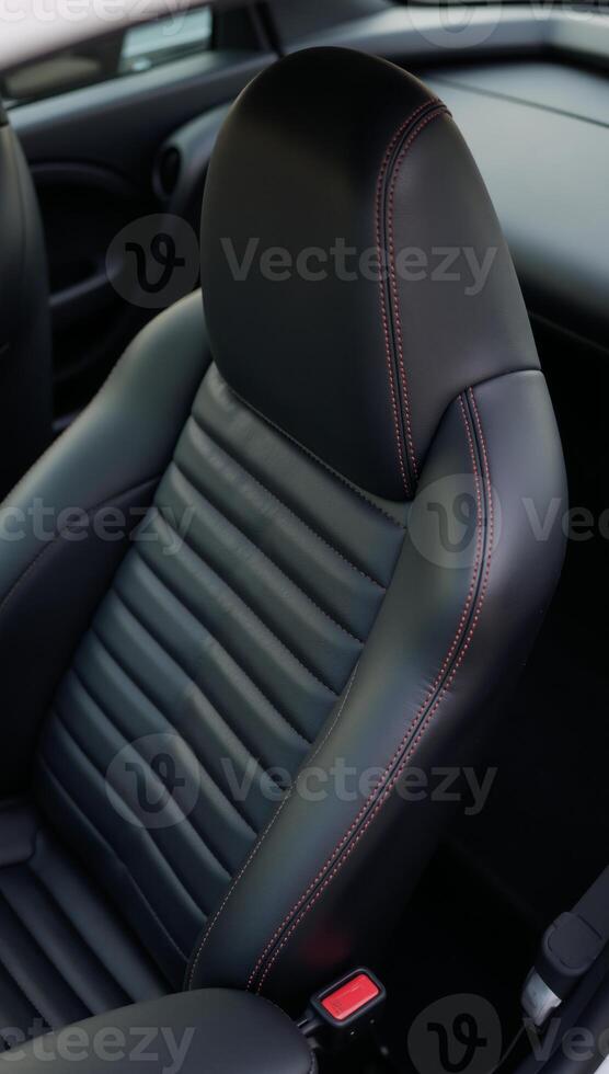 Isolated occupant seated on black leather car seat photo