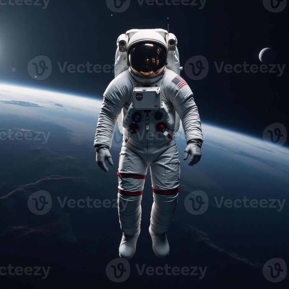 An astronaut floats in 3D rendered outer space photo