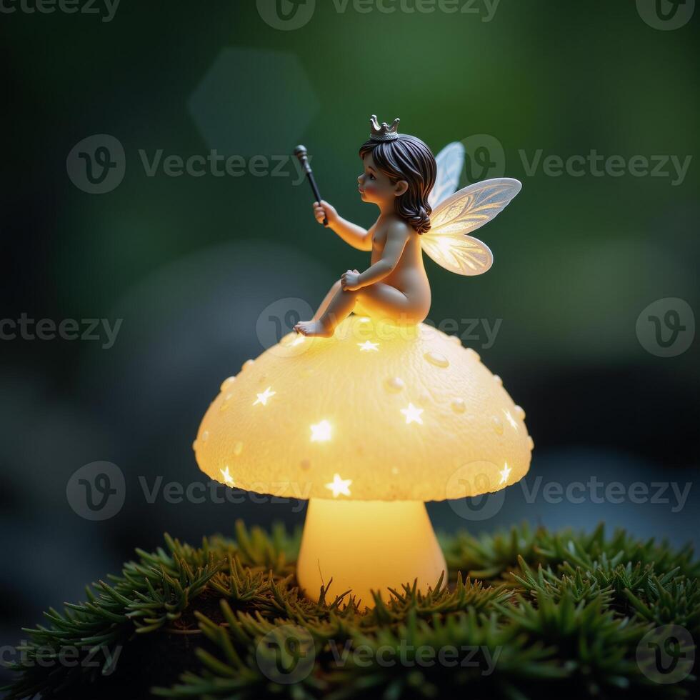 A fairy perched atop a mushroom with a glittering magic wand amidst sparkling starry backdrop photo