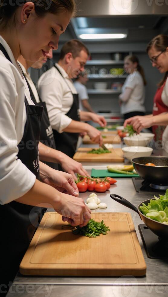 A bustling kitchen during an active cooking class featuring interacting participants engaged instructors photo