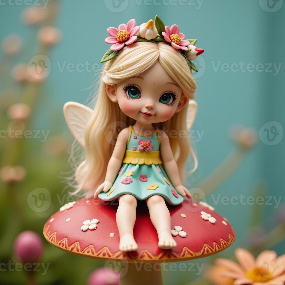 A whimsical fairy sits atop a red mushroom adorned with floral crown photo