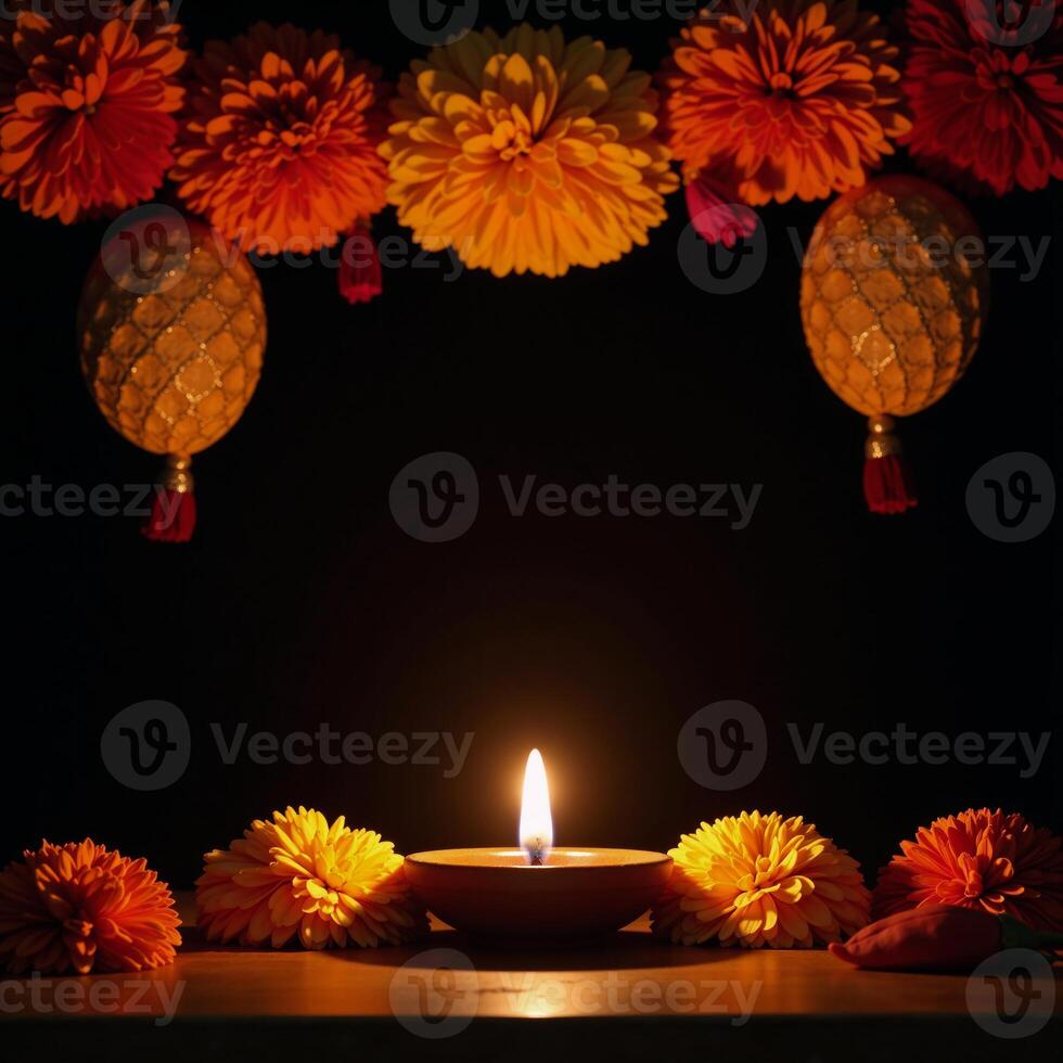 Marigolds and Torans adorn a traditional Diwali backdrop photo