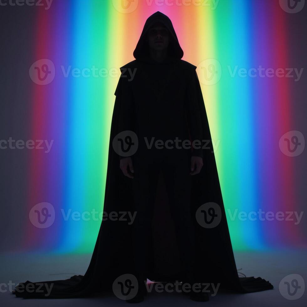 Figure in backlit setting against radiant rainbow backdrop dressed in hooded cape photo