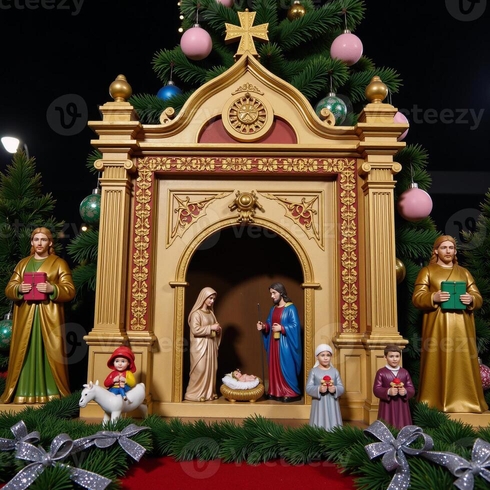 Christmas scene featuring nativity and wise men at Bethlehem portal photo