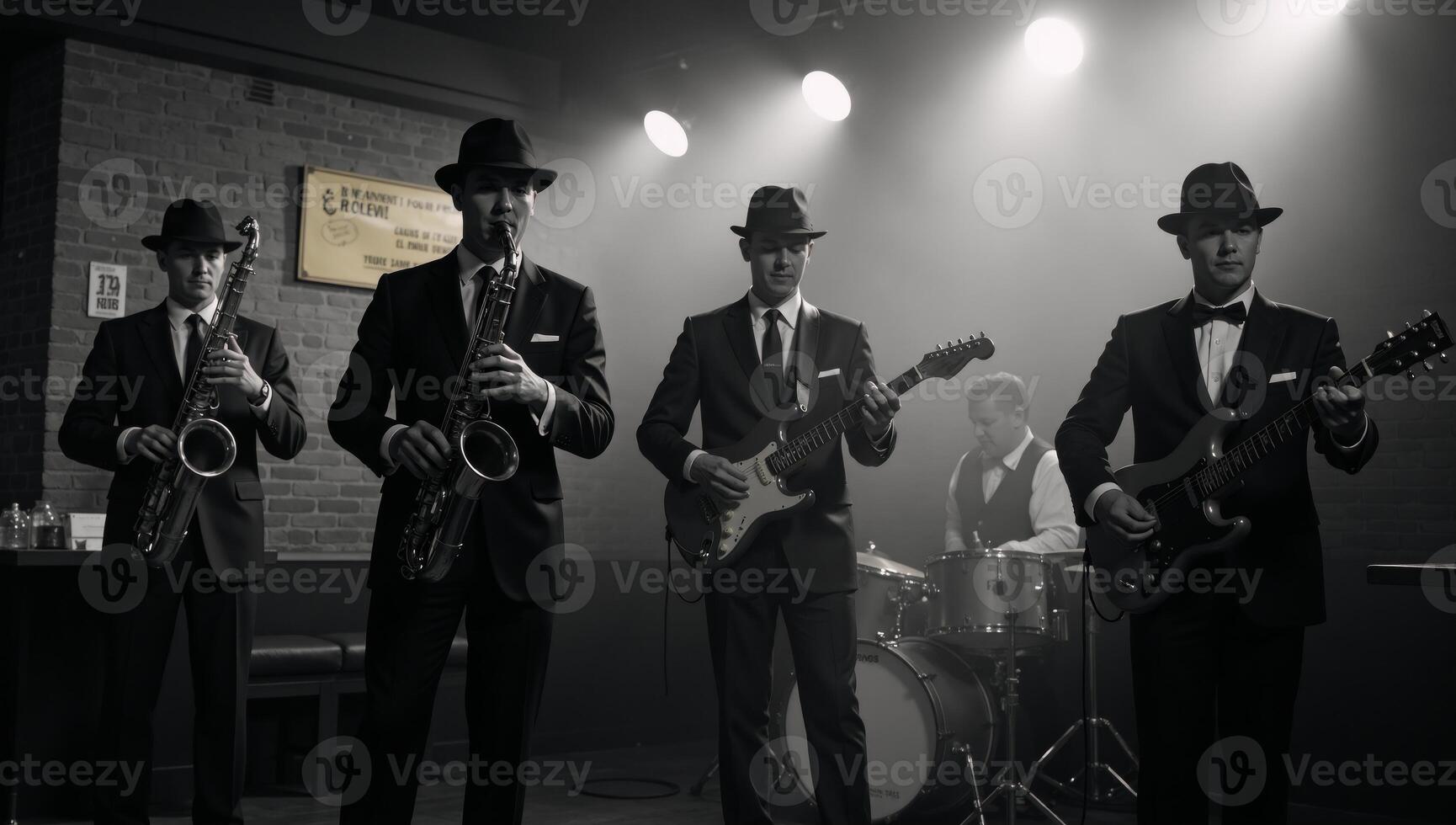 A blackandwhite image depicting a 1930sstyle jazz band performing in a smoky nightclub photo
