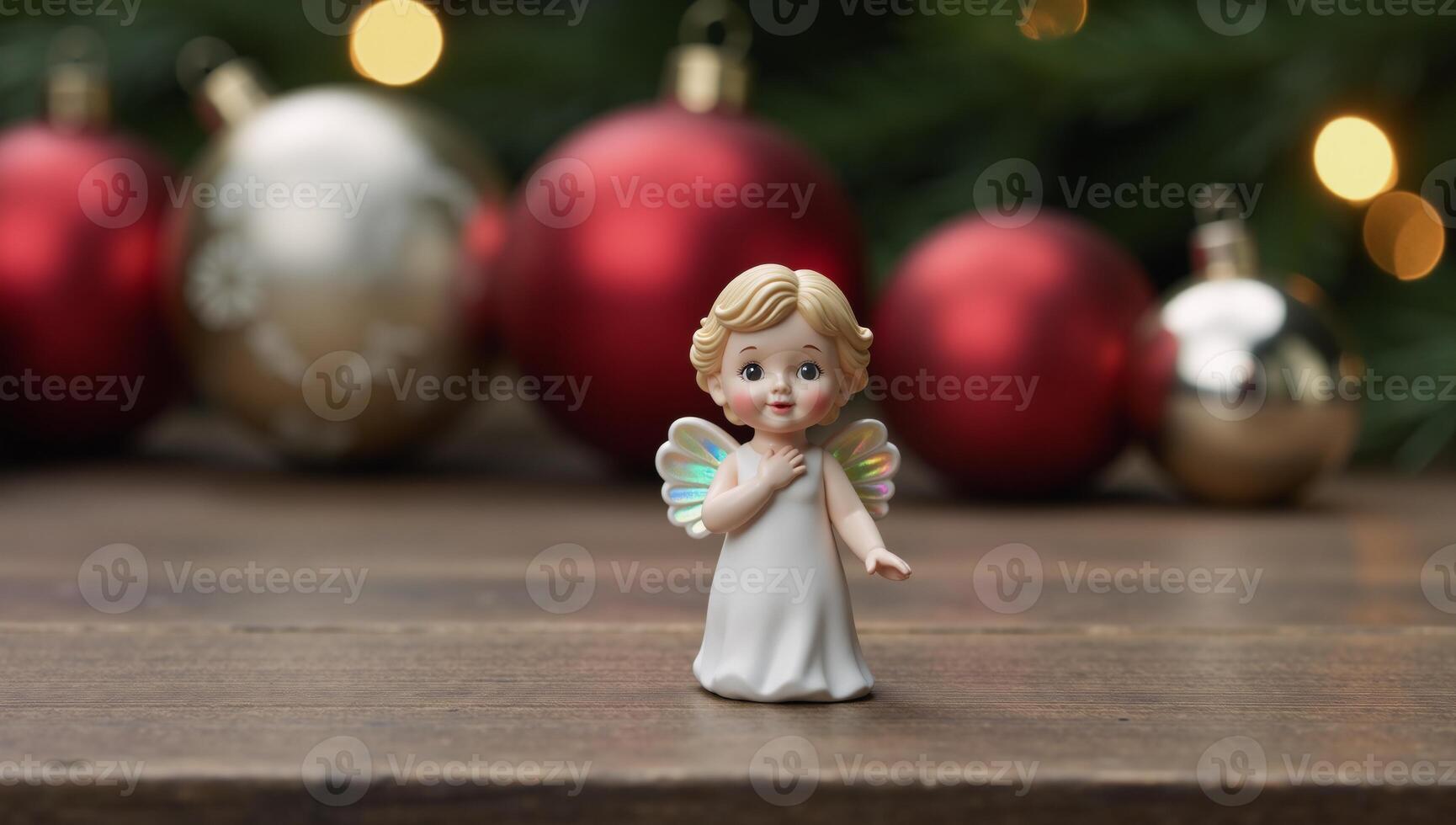 A cute little Christmas Angel is perched upon a wooden table with festive backdrop of blurred Christmas decorations photo