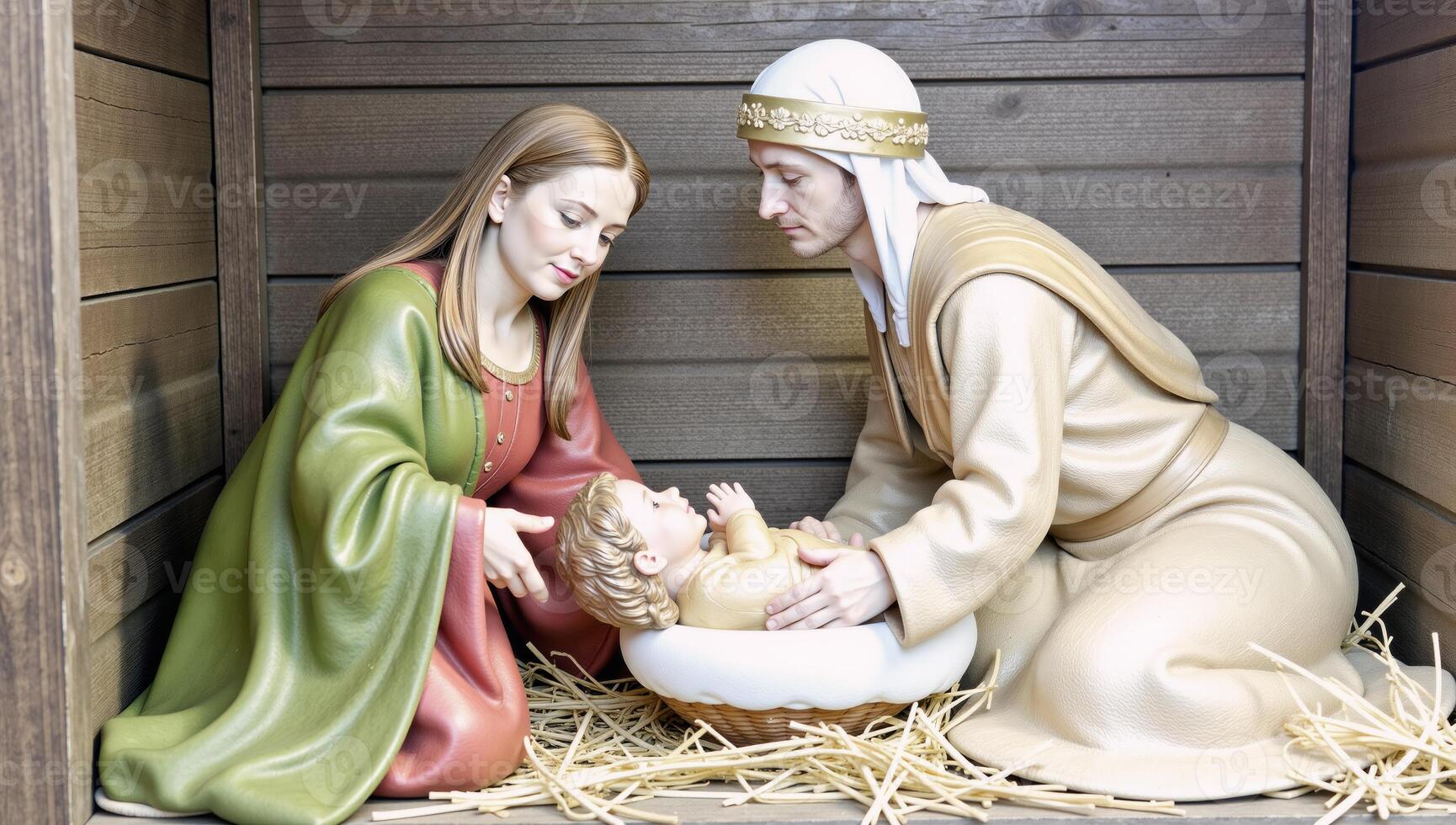 Nighttime scene featuring the Holy Family within a manger surrounded by animals and illuminated by a shining star photo