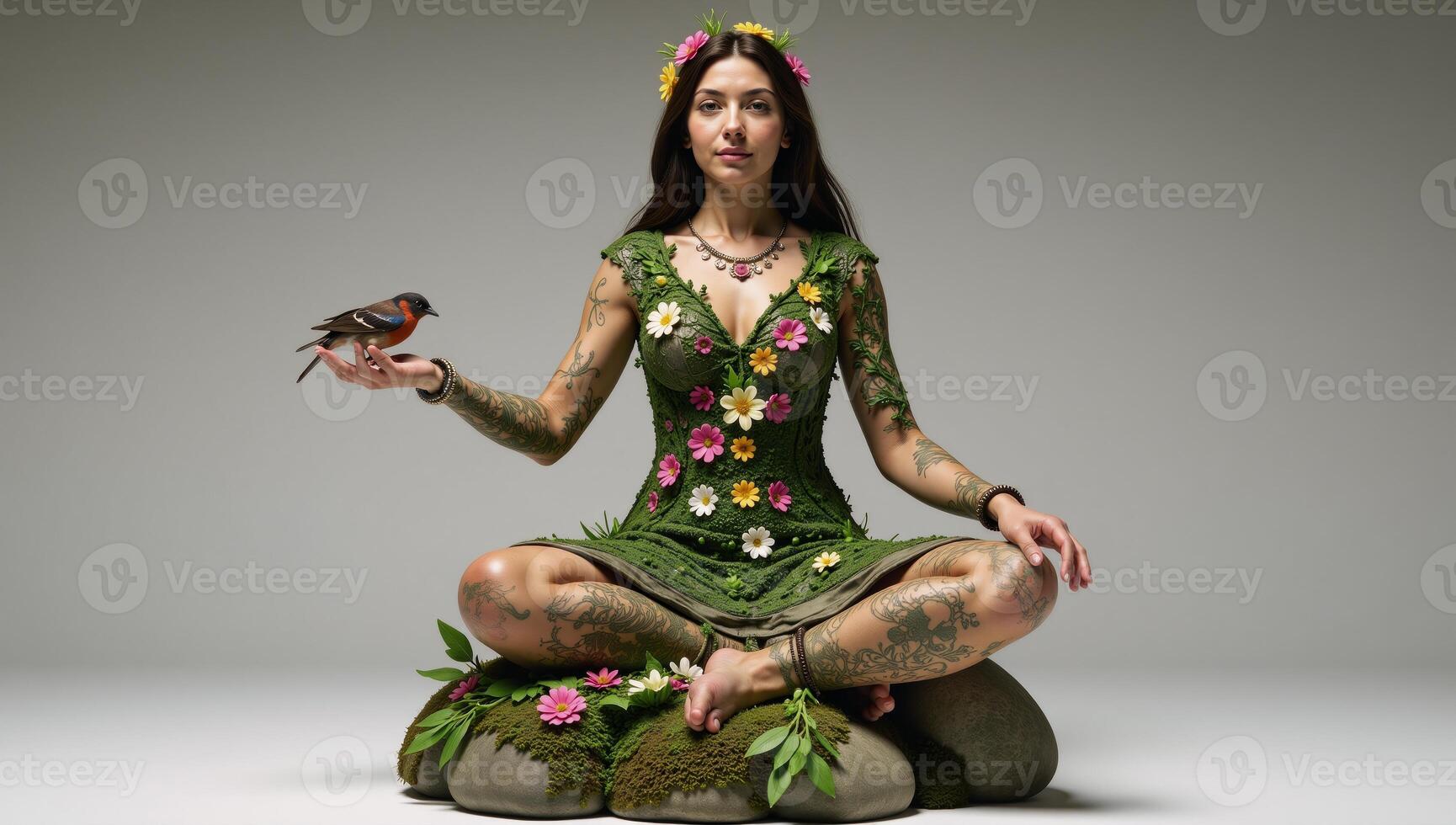 Gaia depicted as a living floweradorned statue symbolizing Mother Nature during Springtime photo