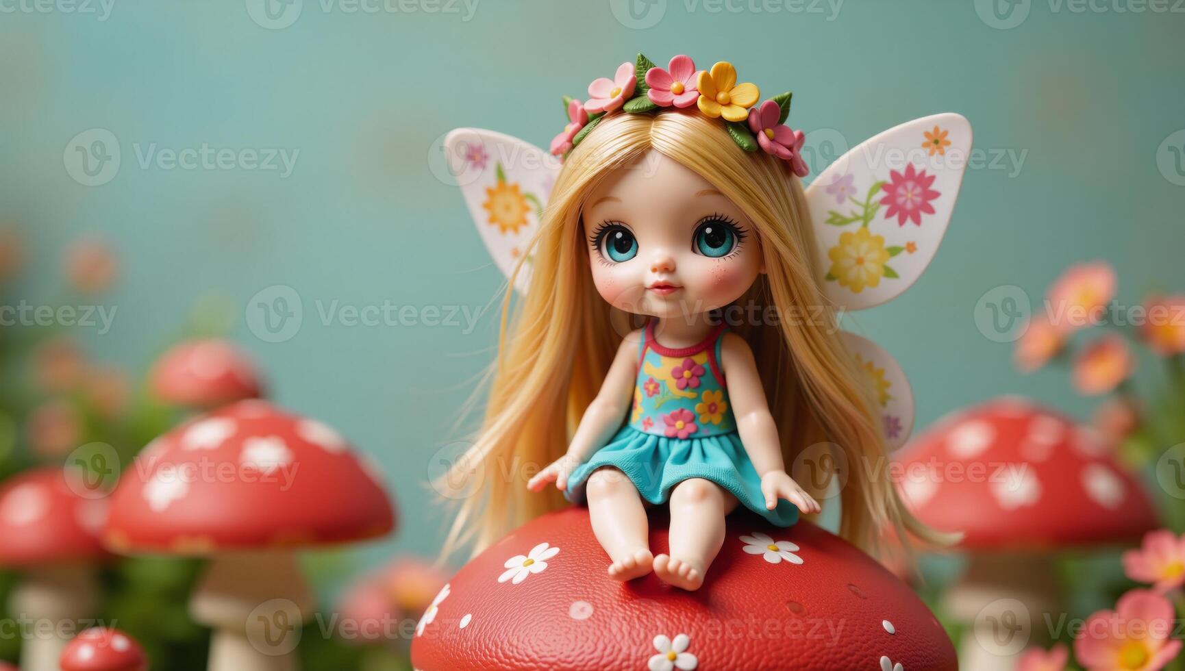 A whimsical fairy sits atop a red mushroom adorned with floral crown photo
