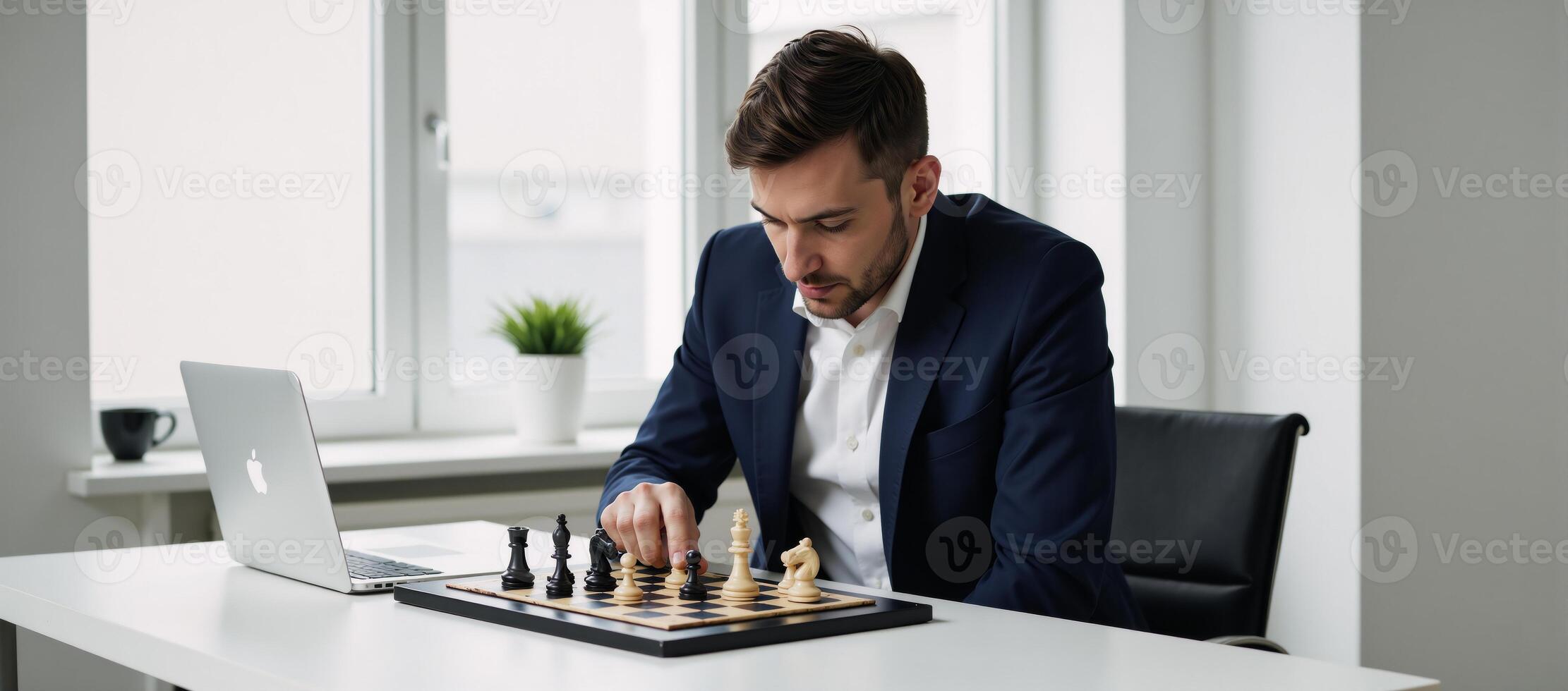 Businessman making strategic moves with chess pieces signifying business planning and decisionmaking photo