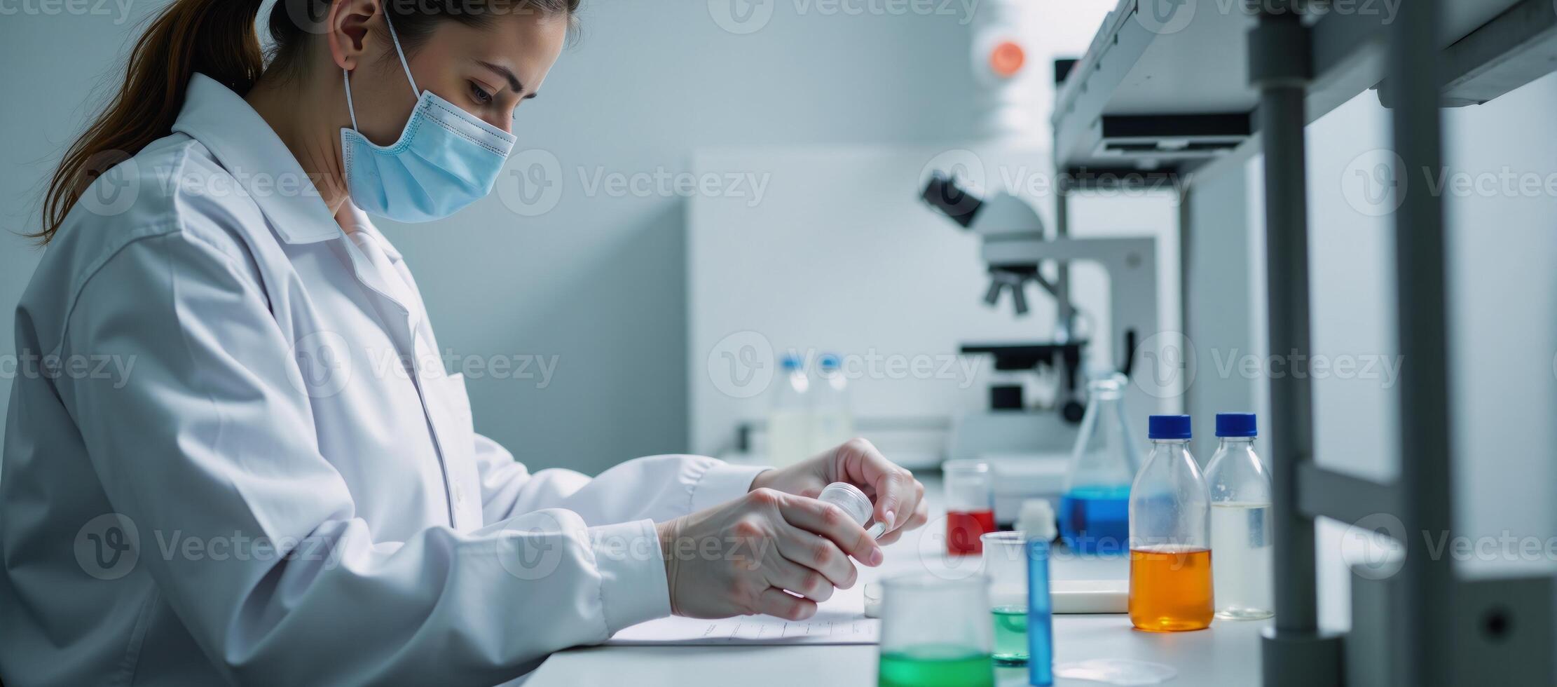 A scientist conducts research in a sterile lab environment while carefully mixing chemicals photo
