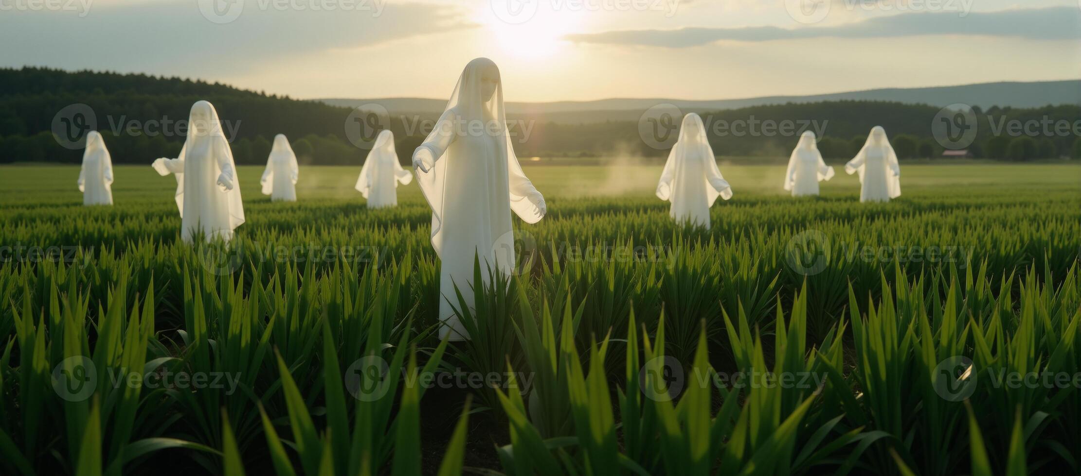 A scene featuring spectral apparitions appearing in an open countryside photo