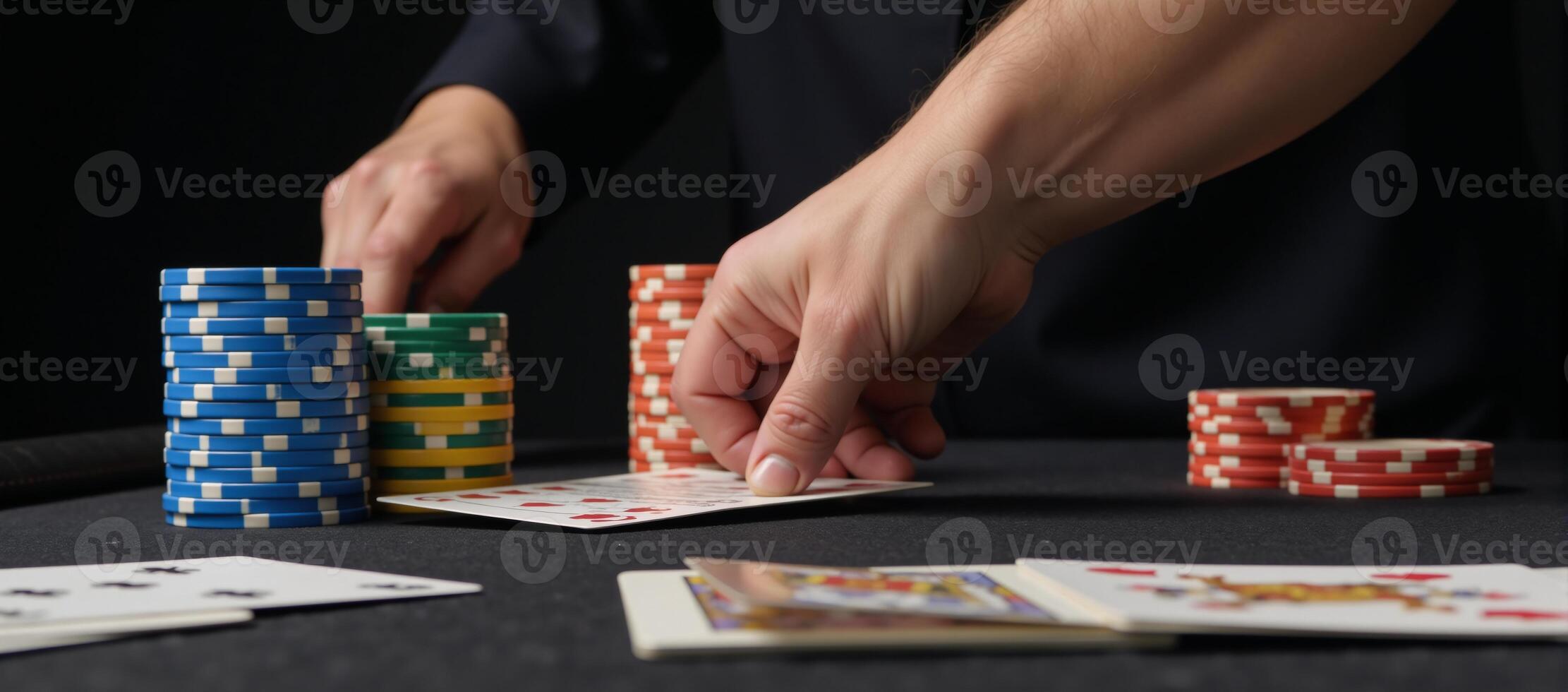 Closeup image of dynamic poker action featuring moving chips and cards photo