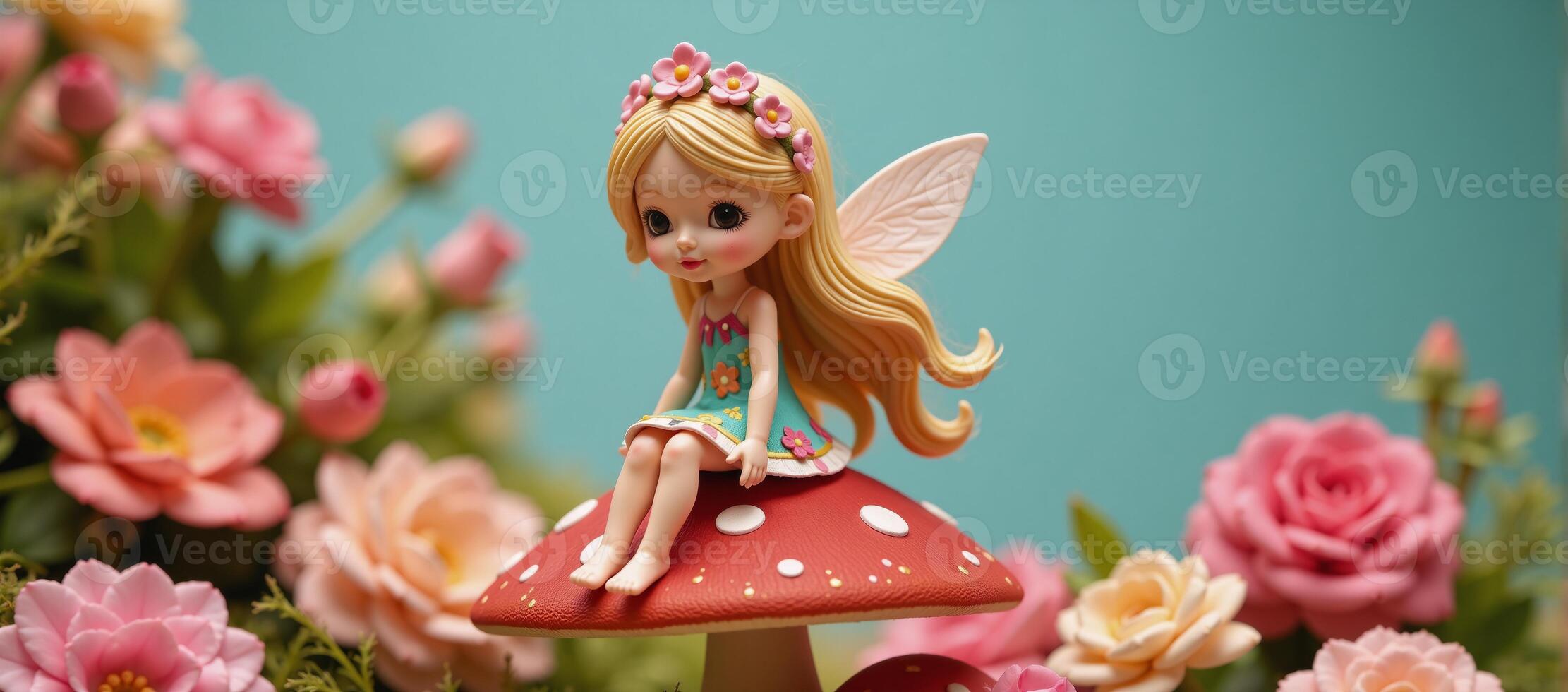 A whimsical fairy sits atop a red mushroom adorned with floral crown photo