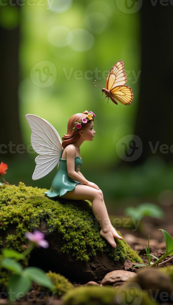 Fairy sitting on ground with flower crown Butterfly hovering overhead photo