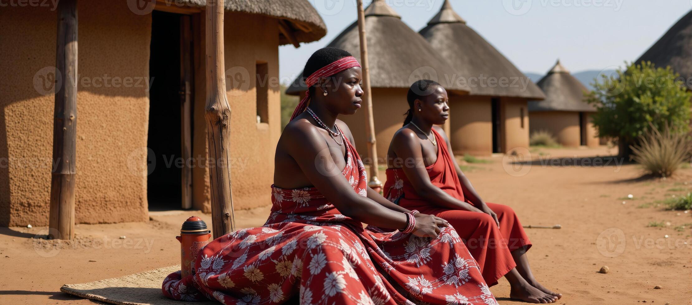 Group of Himba women in traditional clothing gathered outside huts in an African village Namibias Kunene region photo