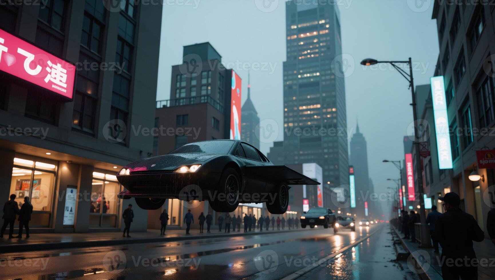 A cyberpunk cityscape showcases sleek futuristic buildings amidst a constant downpour with flying vehicles navigating slick streets under the glowing neon lights photo